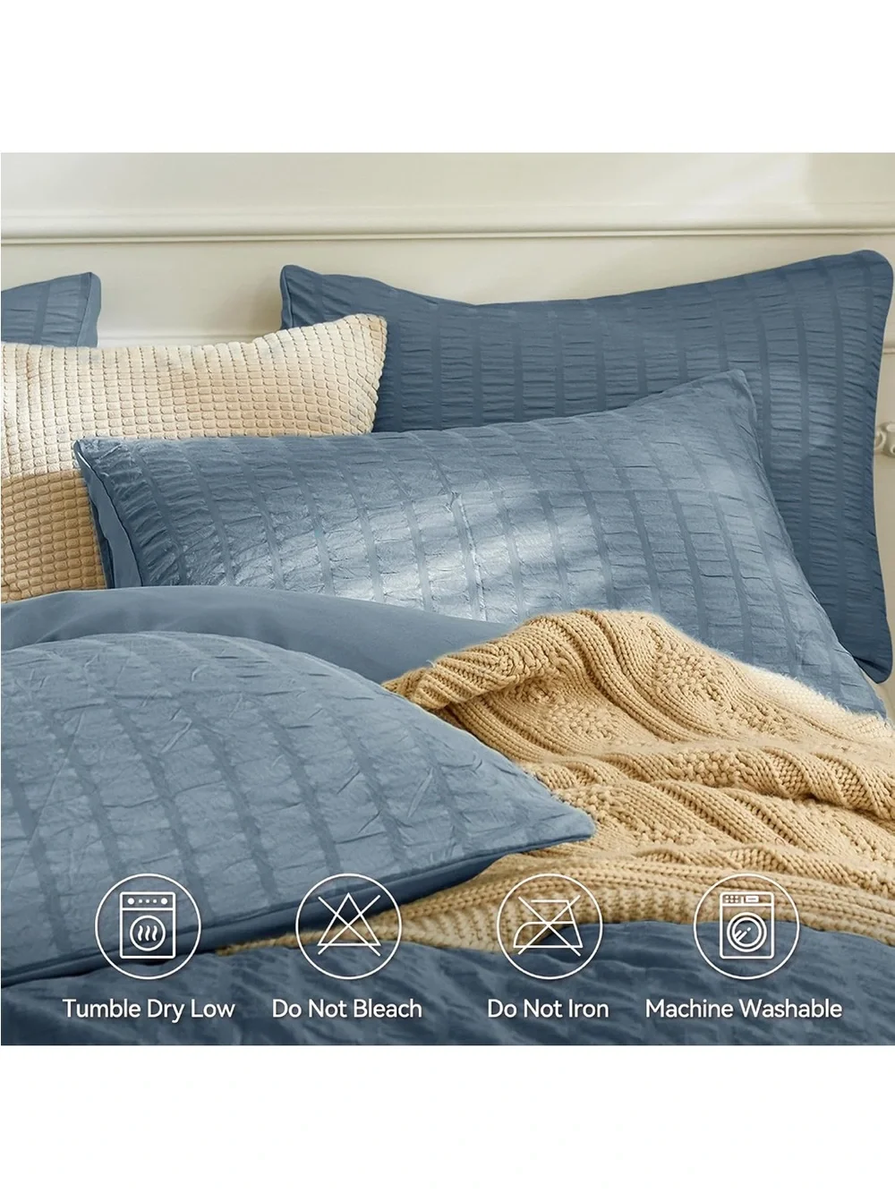 NEW JELLYMONI Sierra Blue Seersucker Duvet Cover Set. Breathable w/Zipper. Queen